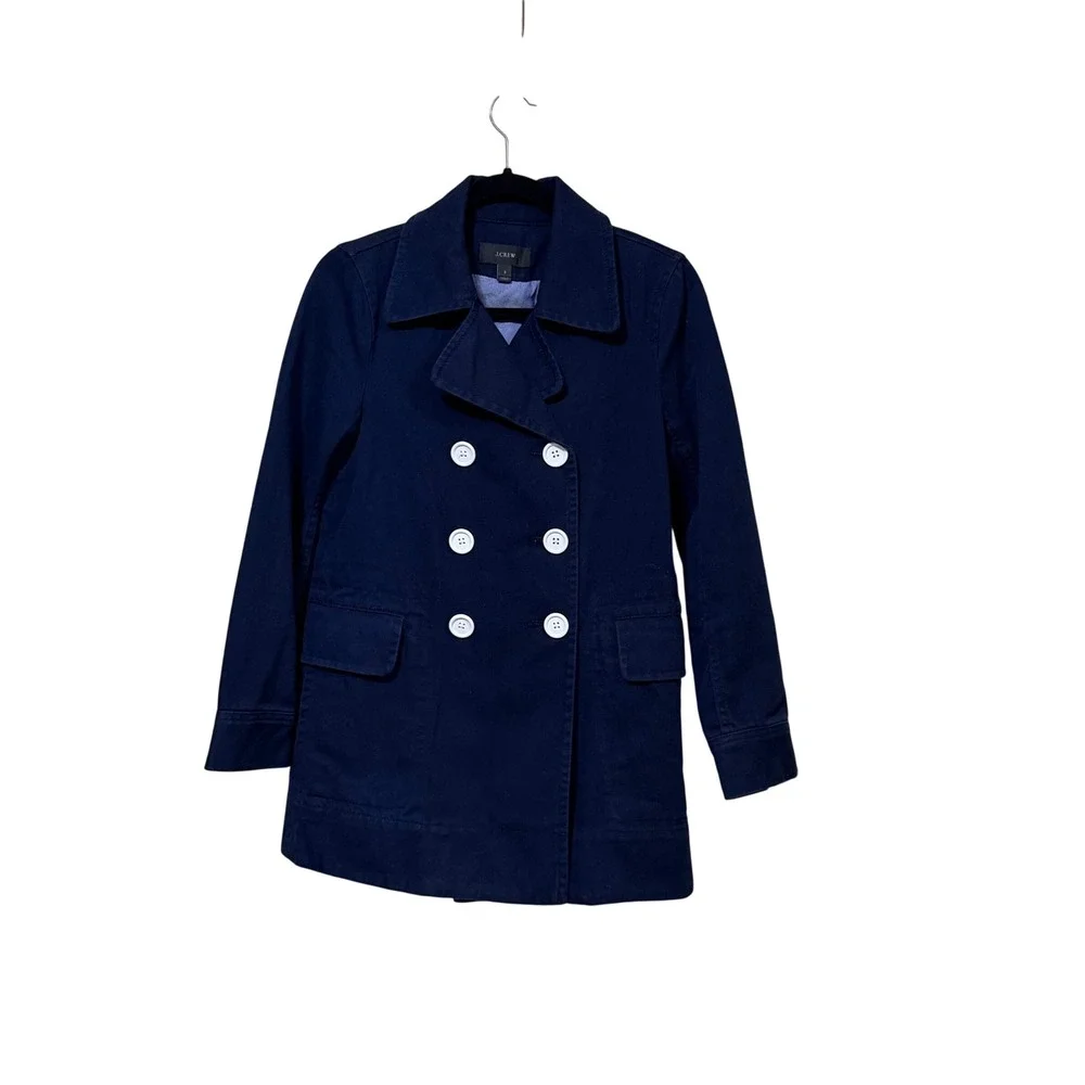 J.Crew Womens Navy Blue Cotton Double Breasted Pea Coat Jacket White Buttons 2 - Picture 2 of 8